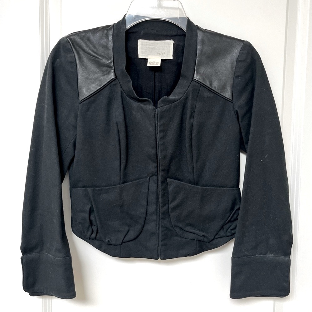 YaYa Black Cropped Blazer with Leather Accents - Small